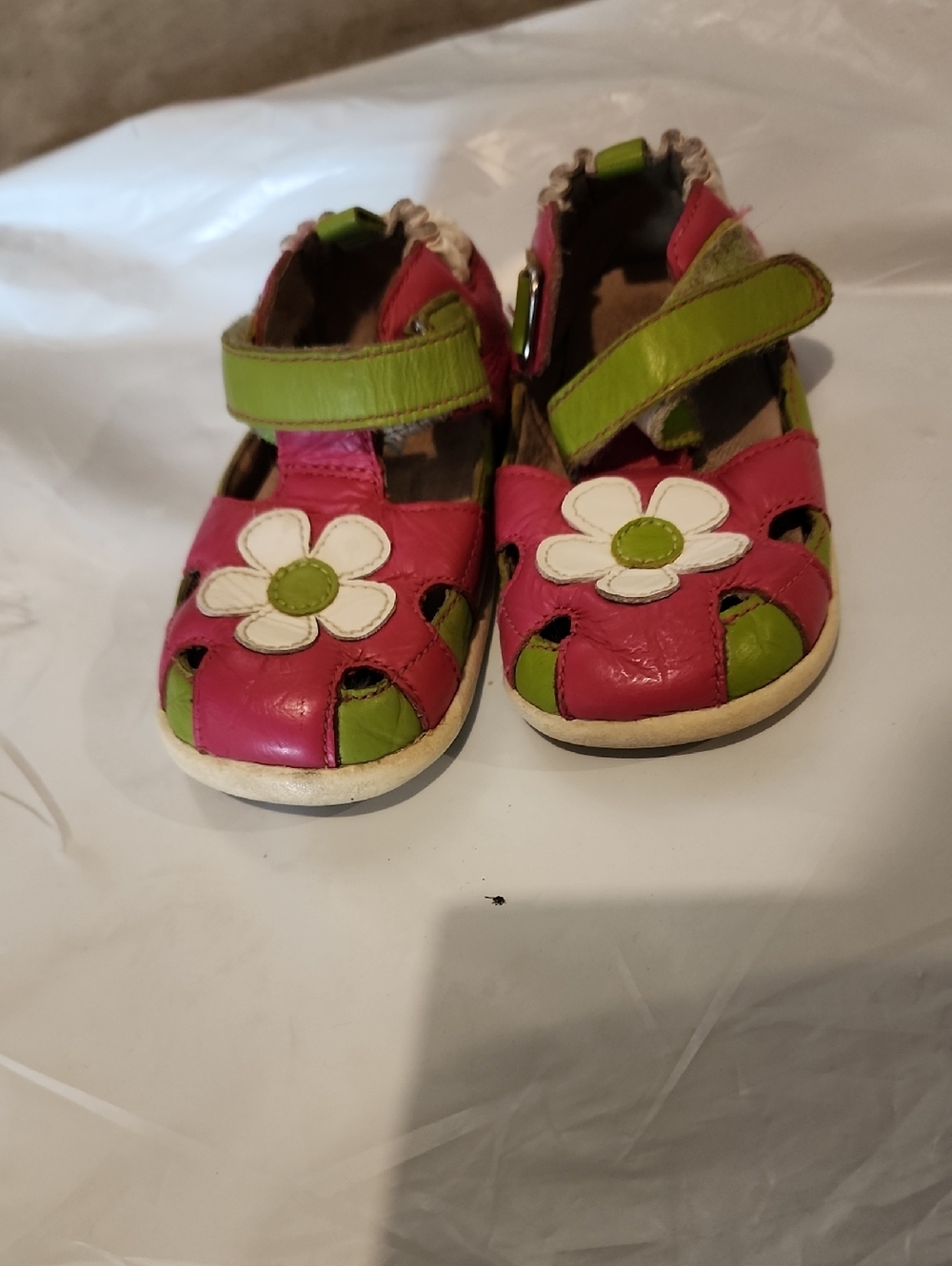 Girls Pink & Green Flower Leather Sandals